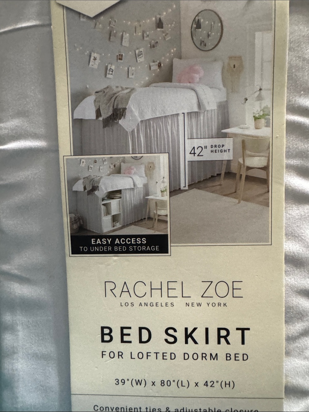 Rachel Zoe White Bed Skirt for College Dorm style bed with Pleated Detail